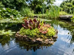 Schwimmendes Moorbeet im Gartenteich mit Sarracenia, Sonnentau und lebendem Sphagnum-Moos